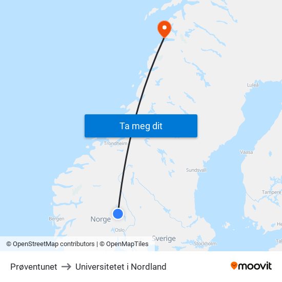 Prøventunet to Universitetet i Nordland map