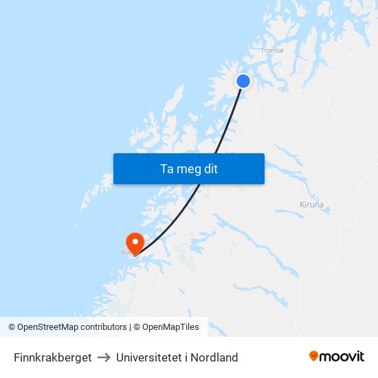 Finnkrakberget to Universitetet i Nordland map