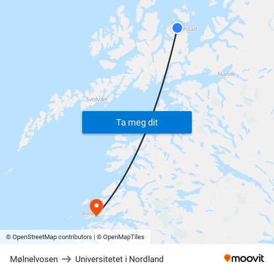 Mølnelvosen to Universitetet i Nordland map