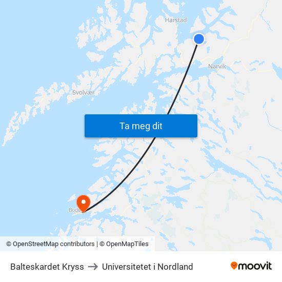 Balteskardet Kryss to Universitetet i Nordland map