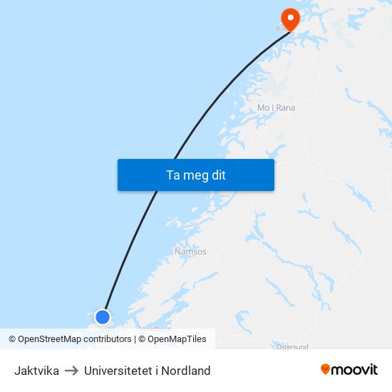 Jaktvika to Universitetet i Nordland map