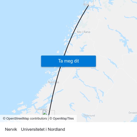Nervik to Universitetet i Nordland map