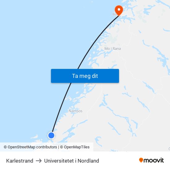 Karlestrand to Universitetet i Nordland map