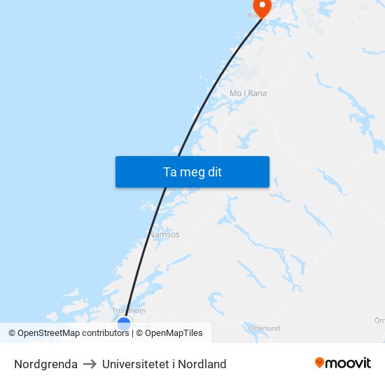 Nordgrenda to Universitetet i Nordland map