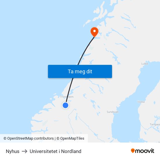 Nyhus to Universitetet i Nordland map