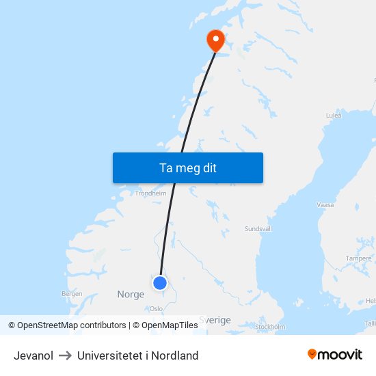 Jevanol to Universitetet i Nordland map