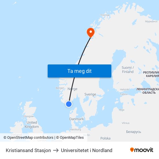 Kristiansand Stasjon to Universitetet i Nordland map