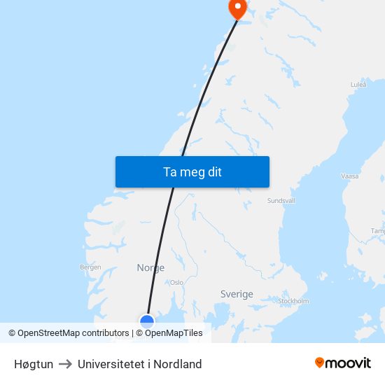 Høgtun to Universitetet i Nordland map