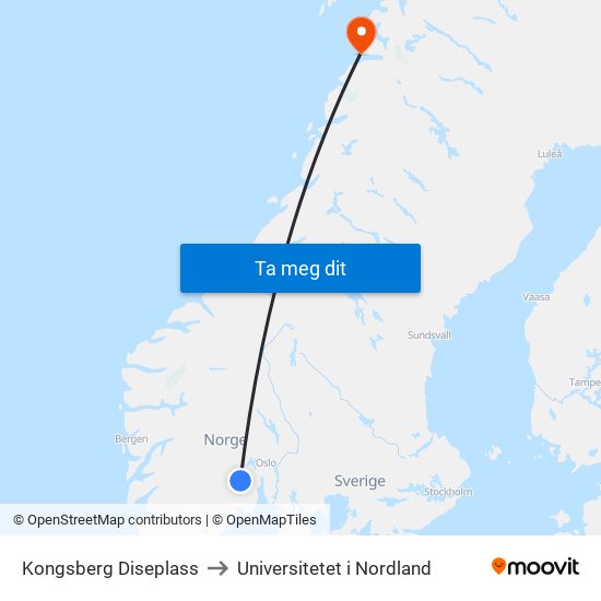 Kongsberg Diseplass to Universitetet i Nordland map