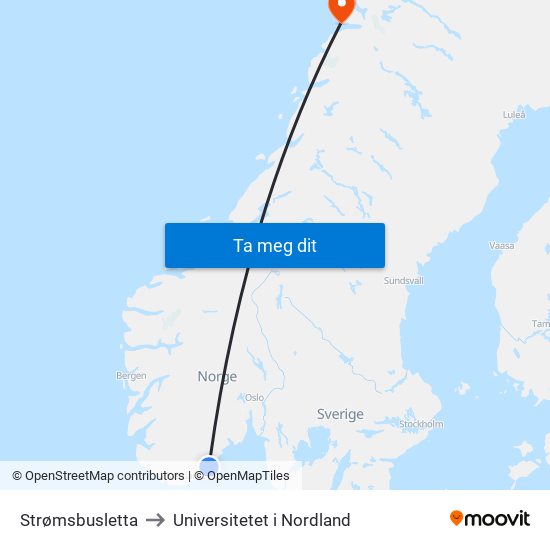 Strømsbusletta to Universitetet i Nordland map