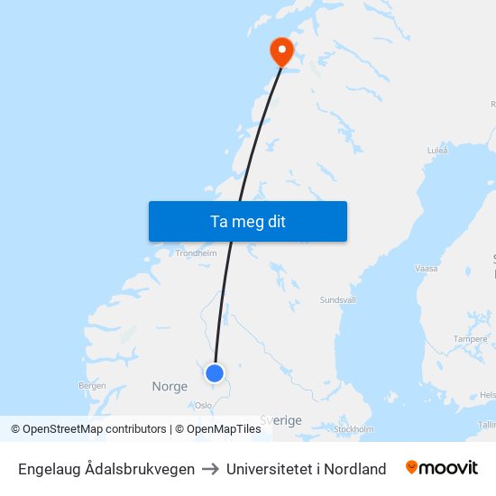 Engelaug Ådalsbrukvegen to Universitetet i Nordland map