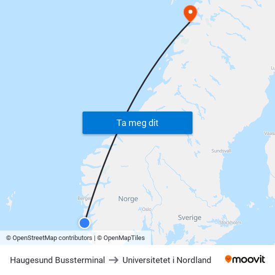 Haugesund Bussterminal to Universitetet i Nordland map