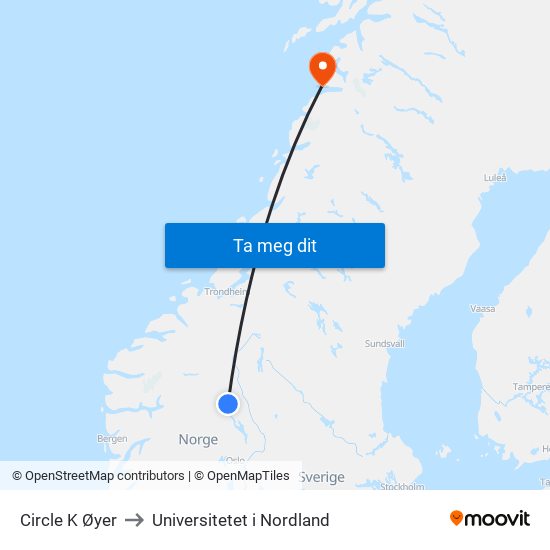 Circle K Øyer to Universitetet i Nordland map