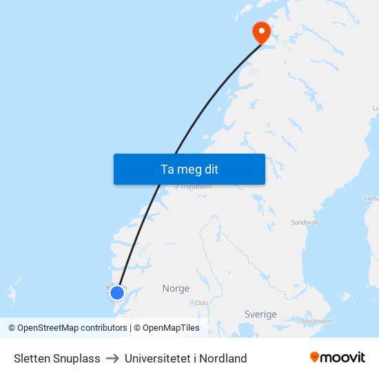 Sletten Snuplass to Universitetet i Nordland map