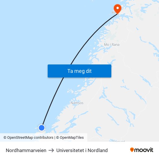 Nordhammarveien to Universitetet i Nordland map