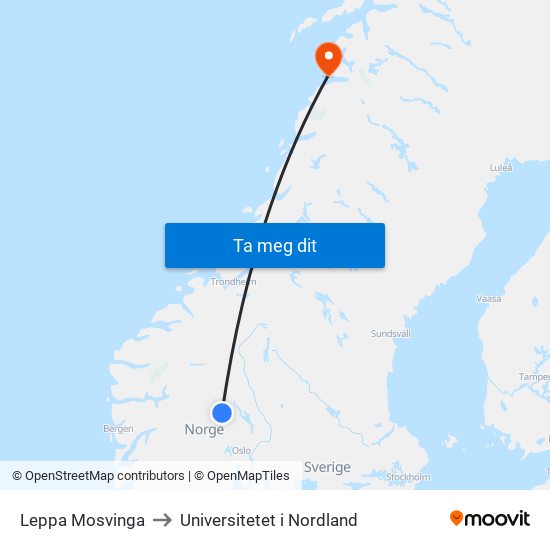 Leppa Mosvinga to Universitetet i Nordland map