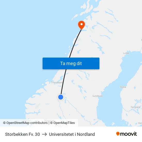 Storbekken Fv. 30 to Universitetet i Nordland map