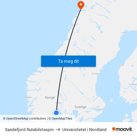 Sandefjord Rutebilstasjon to Universitetet i Nordland map