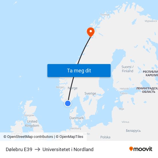 Dølebru E39 to Universitetet i Nordland map