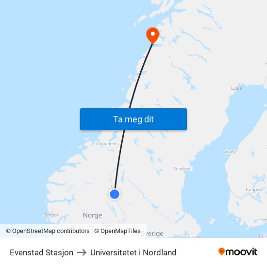 Evenstad Stasjon to Universitetet i Nordland map