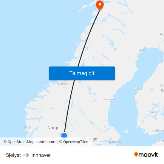 Sjølyst to Innhavet map