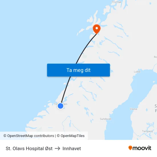 St. Olavs Hospital Øst to Innhavet map