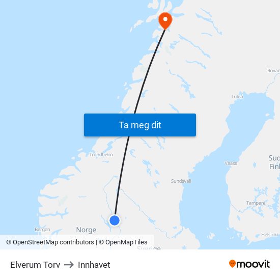 Elverum Torv to Innhavet map