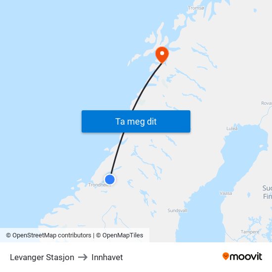 Levanger Stasjon to Innhavet map