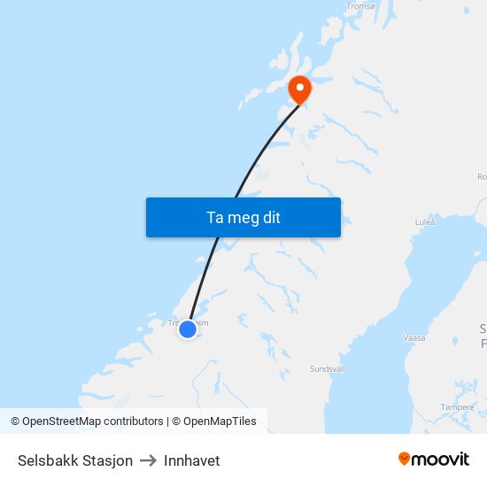 Selsbakk Stasjon to Innhavet map