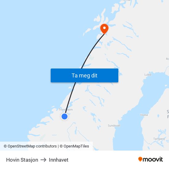 Hovin Stasjon to Innhavet map