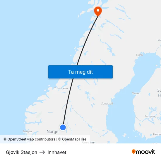 Gjøvik Stasjon to Innhavet map