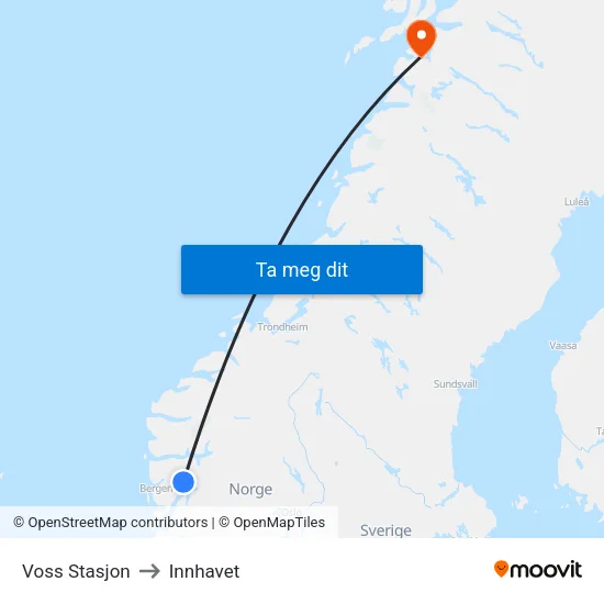 Voss Stasjon to Innhavet map