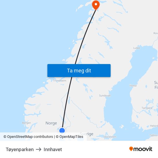 Tøyenparken to Innhavet map