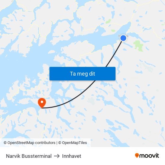 Narvik Bussterminal to Innhavet map