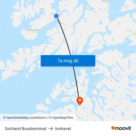 Sortland Bussterminal to Innhavet map