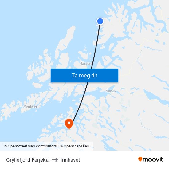 Gryllefjord Ferjekai to Innhavet map