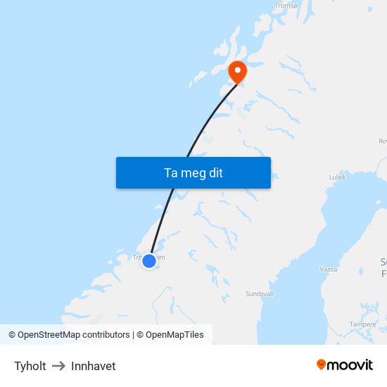 Tyholt to Innhavet map