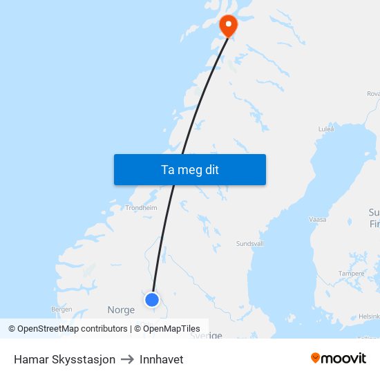 Hamar Skysstasjon to Innhavet map