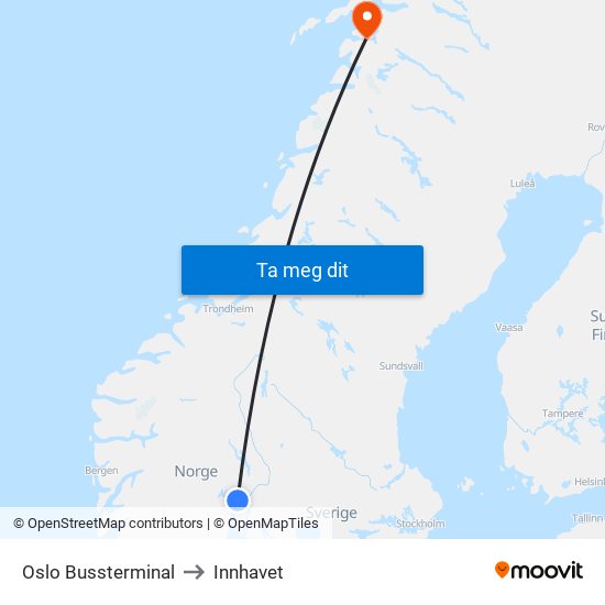 Oslo Bussterminal to Innhavet map