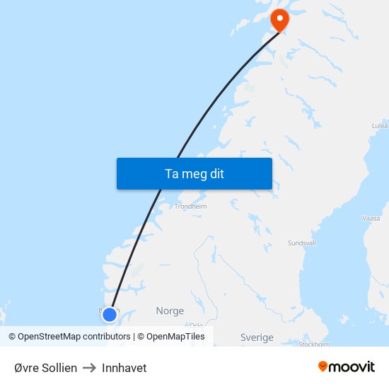 Øvre Sollien to Innhavet map