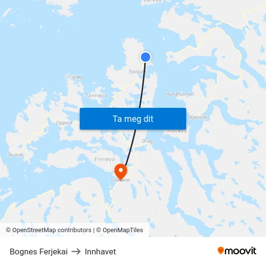Bognes Ferjekai to Innhavet map
