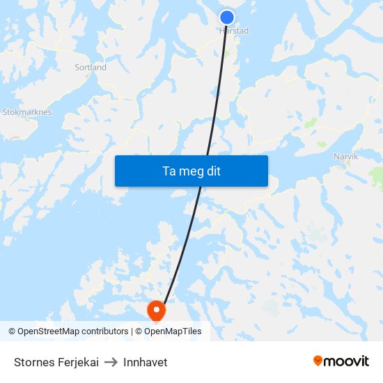 Stornes Ferjekai to Innhavet map