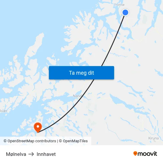 Mølnelva to Innhavet map