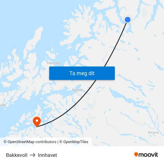 Bakkevoll to Innhavet map