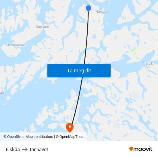 Fiskåa to Innhavet map