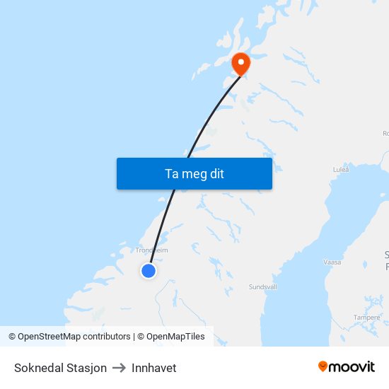 Soknedal Stasjon to Innhavet map