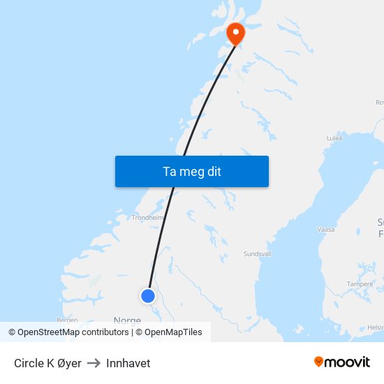 Circle K Øyer to Innhavet map