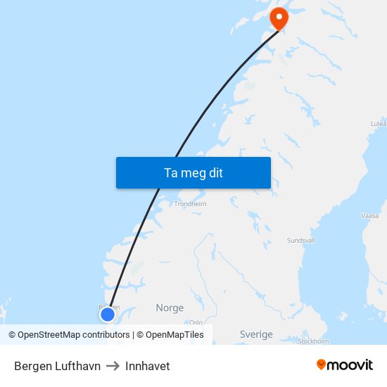 Bergen Lufthavn to Innhavet map