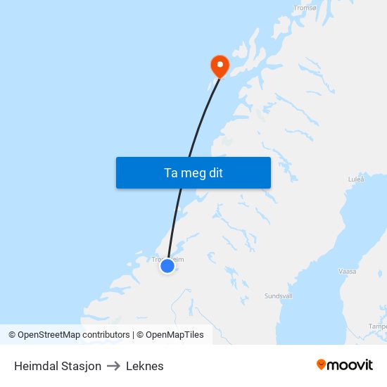 Heimdal Stasjon to Leknes map