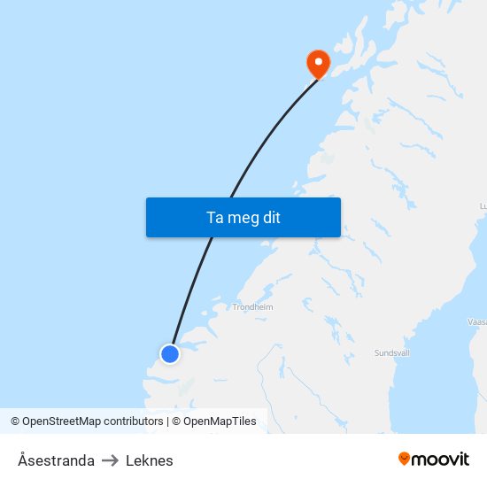 Åsestranda to Leknes map